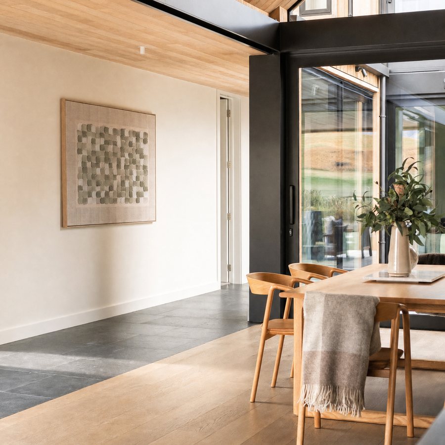 Dining space with pale oak floors meeting slate tiles, under a timber-lined ceiling