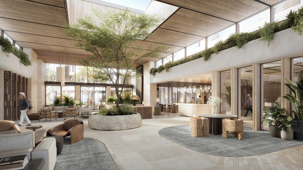 Lobby atrium with a tree in a stone planter, lounge seating and a timber-lined ceiling